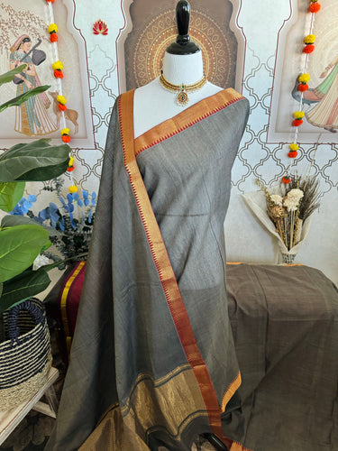 Handwoven Mangalgiri Cotton Saree | Gray | Gold Zari | Handwoven | Ships from California
